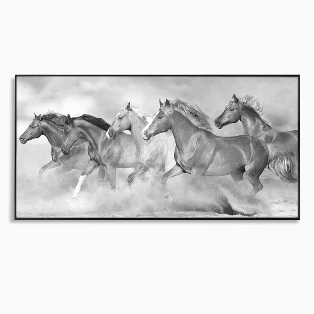 Tablou canvas cu tablou canvas cu cai in galop, in rama de aluminiu negru
